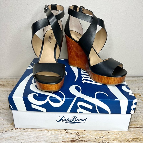 Lucky Brand Shoes - Lucky Brand Lyndell Black Wooden Platform Wedges Size 9.5M NWT